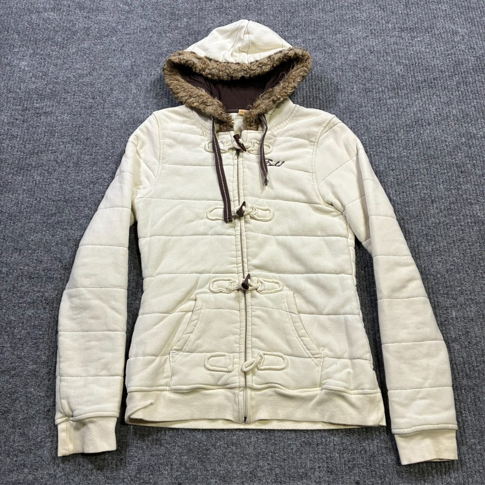 Ezekiel Womens Quilted‎ Hoodie Jacket Size Large Cream Faux Fur Trim Y2K